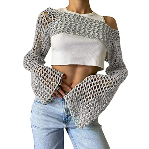 ORANDESIGNE Damen Y2K Crochet T-Shirt Frauen Langarm Crop Top Strick Einfarbig One-Shoulder Crochet Aushöhlen Pullover 90er Streetwear Schulterfrei Zerrissene Strickpullover Lose Oberteile D Grau S von ORANDESIGNE