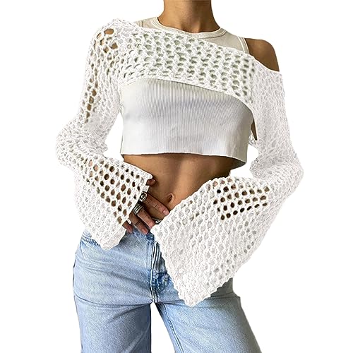 ORANDESIGNE Damen Y2K Crochet T-Shirt Frauen Langarm Crop Top Strick Einfarbig One-Shoulder Crochet Aushöhlen Pullover 90er Streetwear Schulterfrei Zerrissene Strickpullover Lose Oberteile D Weiß M von ORANDESIGNE