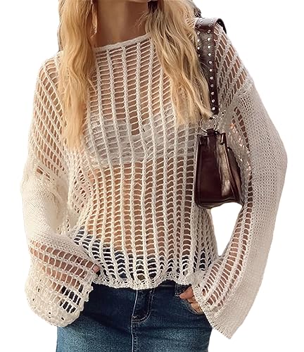 ORANDESIGNE Damen Y2K Crochet T-Shirt Frauen Langarm Crop Top Strick Einfarbig One-Shoulder Crochet Aushöhlen Pullover 90er Streetwear Schulterfrei Zerrissene Strickpullover Lose Oberteile H Weiß M von ORANDESIGNE