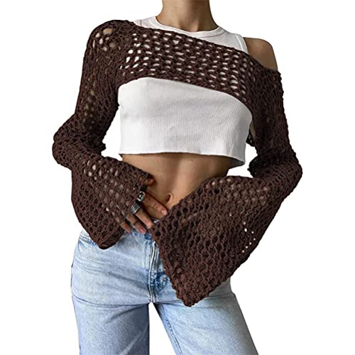 ORANDESIGNE Damen Y2K Crochet T-Shirt Frauen Langarm Crop Top Strick Einfarbig One-Shoulder Crochet Aushöhlen Pullover 90er Streetwear Schulterfrei Zerrissene Strickpullover Lose Oberteile M D Kaffee von ORANDESIGNE