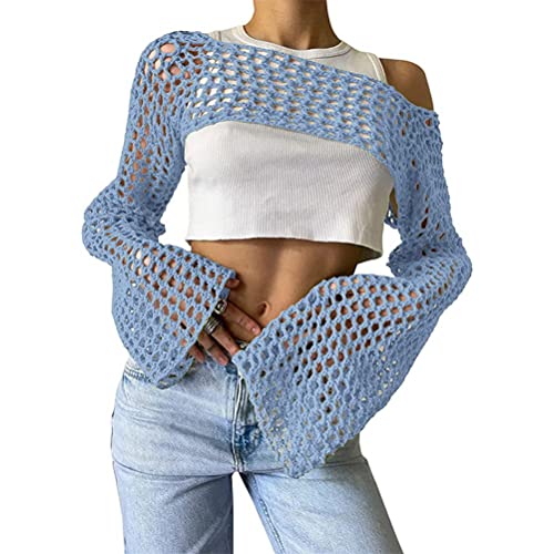 ORANDESIGNE Damen Y2K Crochet T-Shirt Frauen Langarm Crop Top Strick Einfarbig One-Shoulder Crochet Aushöhlen Pullover 90er Streetwear Schulterfrei Zerrissene Strickpullover Oberteile D Hellblau M von ORANDESIGNE
