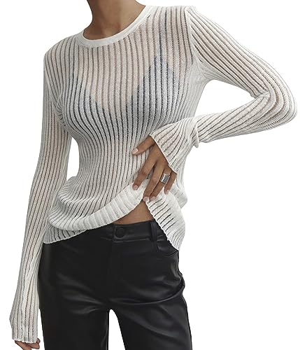 ORANDESIGNE Damen Y2K Crochet T-Shirt Frauen Langarm Crop Top Strick Einfarbig One-Shoulder Crochet Aushöhlen Pullover 90er Streetwear Schulterfrei Zerrissene Strickpullover Oberteile I Weiß S von ORANDESIGNE