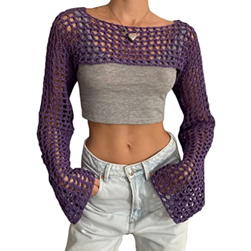 ORANDESIGNE Damen Y2K Crochet T-shirt Frauen Langarm Crop Top Strick Einfarbig One-Shoulder Crochet Aushöhlen Pullover 90er Streetwear Schulterfrei Zerrissene Strickpullover Lose Oberteile D Violett L von ORANDESIGNE