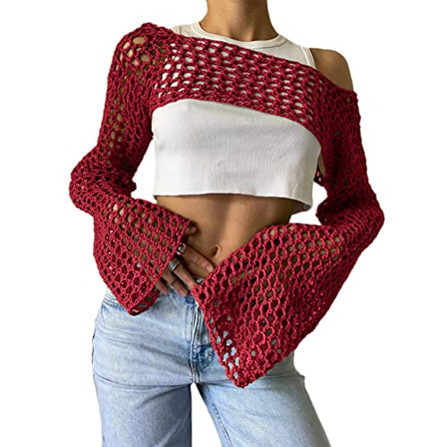 ORANDESIGNE Damen Y2K Crochet T-shirt Frauen Langarm Crop Top Strick Einfarbig One-Shoulder Crochet Aushöhlen Pullover 90er Streetwear Schulterfrei Zerrissene Strickpullover Lose Oberteile D Weinrot M von ORANDESIGNE