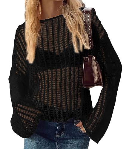 ORANDESIGNE Damen Y2K Crochet T-shirt Frauen Langarm Crop Top Strick Einfarbig One-Shoulder Crochet Aushöhlen Pullover 90er Streetwear Schulterfrei Zerrissene Strickpullover Lose Oberteile H Schwarz L von ORANDESIGNE