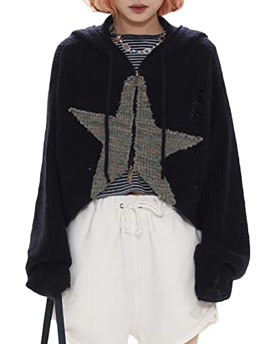 ORANDESIGNE Damen Y2K Jacke Zip Up Hoodies Sterne Motiv Graphics Harajuku für Paare Sweatshirt Vintage Kapuzenjacke Unisex Kordelzug Sweatjacke mit Kapuze 90er E-Girl Top B Schwarz S von ORANDESIGNE