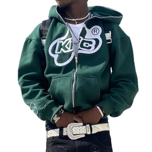 ORANDESIGNE Herren Hoodie Pullover Jacke Beschriftung Drucken Harajuku für Paare Kapuzenpullover Vintage Kapuzenjacke Unisex Locker Sweatjacke mit Kapuze 90er E-Girl Top A Grün S von ORANDESIGNE