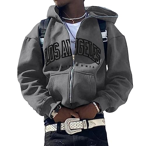 ORANDESIGNE Damen Y2K Jacke Zip Up Hoodies Sterne Motiv Graphics Harajuku für Paare Sweatshirt Vintage Kapuzenjacke Unisex Locker Sweatjacke mit Kapuze A Dunkelgrau L von ORANDESIGNE