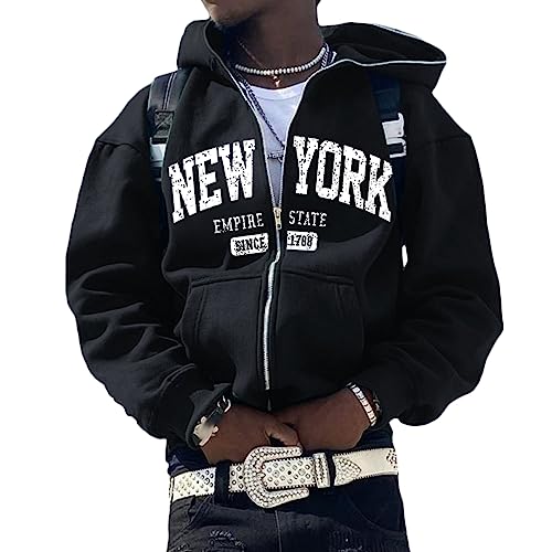 ORANDESIGNE Damen Y2K Jacke Zip Up Hoodies Sterne Motiv Graphics Harajuku für Paare Sweatshirt Vintage Kapuzenjacke Unisex Locker Sweatjacke mit Kapuze D Schwarz S von ORANDESIGNE