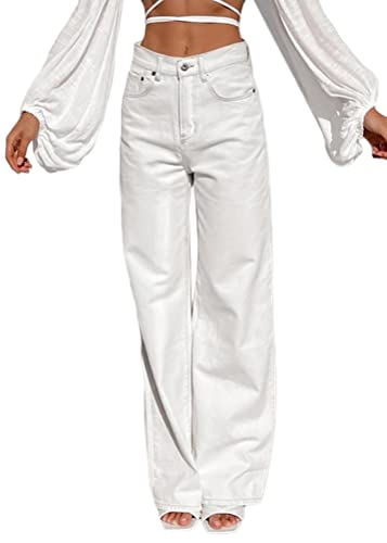 ORANDESIGNE Damen Y2K Jeanshose mit hoher Taille und weitem Bein Loose Flare Bleistift Jeanshose Harajuku E-Girl Streetwear Hose P Weiß XS von ORANDESIGNE