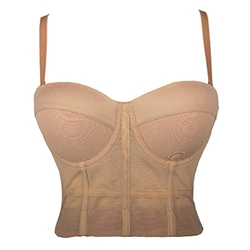 ORANDESIGNE Damen Y2K Korsett BH Tank Top Dessous Trägertop Crop Top Schlanke Feste Weste Push Up Bustier Lässig Pailletten Perlen Strasssteine Diamanten Korsett Clubwear Party A Khaki M von ORANDESIGNE