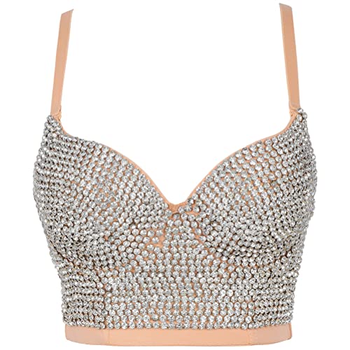 ORANDESIGNE Damen Y2K Korsett BH Tank Top Dessous Trägertop Crop Top Schlanke Feste Weste Push Up Bustier Lässig Pailletten Perlen Strasssteine Diamanten Korsett Clubwear Party C Beige 01 L von ORANDESIGNE