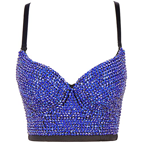 ORANDESIGNE Damen Y2K Korsett BH Tank Top Dessous Trägertop Crop Top Schlanke Feste Weste Push Up Bustier Lässig Pailletten Perlen Strasssteine Diamanten Korsett Clubwear Party C Blau XL von ORANDESIGNE