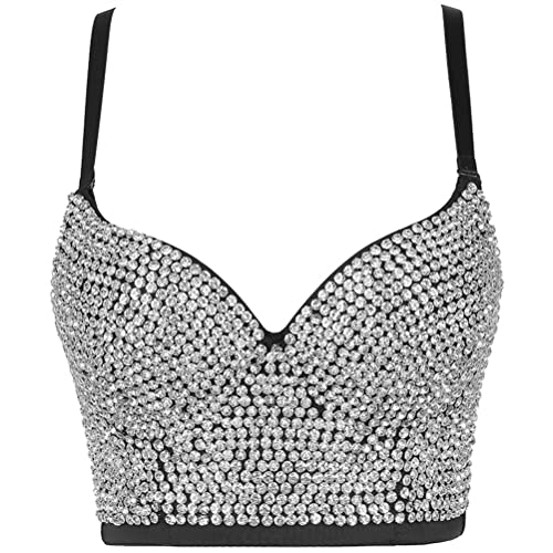 ORANDESIGNE Damen Y2K Korsett BH Tank Top Dessous Trägertop Crop Top Schlanke Feste Weste Push Up Bustier Lässig Pailletten Perlen Strasssteine Diamanten Korsett Clubwear Party C Schwarz 01 XL von ORANDESIGNE