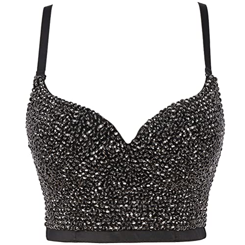 ORANDESIGNE Damen Y2K Korsett BH Tank Top Dessous Trägertop Crop Top Schlanke Feste Weste Push Up Bustier Lässig Pailletten Perlen Strasssteine Diamanten Korsett Clubwear Party C Schwarz 02 XL von ORANDESIGNE