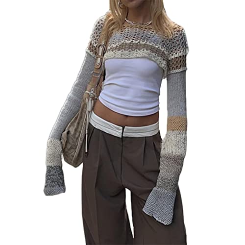 ORANDESIGNE Damen Y2K Langarm Crop Tops Häkeln Farbblock Aushöhlen Cover Up Shirt Quadratischer Hals Strickoberteil 90er E-Girl Streetwear Sexy Durchsichtiges Netz Tops A Khaki L von ORANDESIGNE