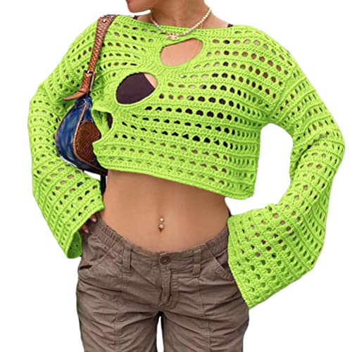 ORANDESIGNE Damen Y2K Langarm Crop Tops Häkeln Farbblock Aushöhlen Cover Up Shirt Quadratischer Hals Strickoberteil 90er E-Girl Streetwear Sexy Durchsichtiges Netz Tops E Gelb L von ORANDESIGNE