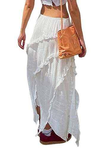 ORANDESIGNE Damen Y2K Langer Rock Frauen Transparente Spitze Midirock Unregelmäßiger Boho Blumen Geschlitztes Rüsche Maxirock Sommer Strandrock C Weiß M von ORANDESIGNE