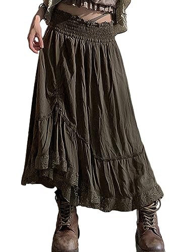 ORANDESIGNE Damen Y2K Langer Rock Frauen Transparente Spitze Midirock Unregelmäßiger Boho Blumen Geschlitztes Rüsche Maxirock Sommer Strandrock F Armeegrün XS von ORANDESIGNE