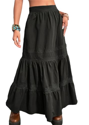 ORANDESIGNE Damen Y2K Langer Rock Frauen Transparente Spitze Midirock Unregelmäßiger Boho Blumen Geschlitztes Rüsche Maxirock Sommer Strandrock L Schwarz M von ORANDESIGNE