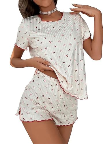 ORANDESIGNE Damen Y2K Shorts Set Kirsche Drucken Schlafanzug Set Kurzarm V-Ausschnitt Crop Tops und Shorts Set Sommer Loungewear Streetwear A Beige XS von ORANDESIGNE