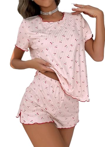 ORANDESIGNE Damen Y2K Shorts Set Kirsche Drucken Schlafanzug Set Kurzarm V-Ausschnitt Crop Tops und Shorts Set Sommer Loungewear Streetwear A Rosa S von ORANDESIGNE
