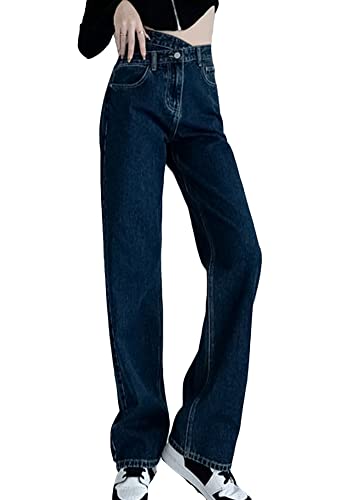 ORANDESIGNE Damen Y2k Mode Loose Straight Jeans Jeanshose Hohe Taille Bootcut Jeans mit weitem Bein Baggy Pants T Dunkelblau XS von ORANDESIGNE