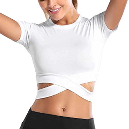 ORANDESIGNE Damen Yoga Crop Top Sportshirt Kurzarm Einfarbige Sexy Sport Kurz Oberteil Laufshirt Atmungsaktiv Leicht Schnell Trocknend Training Gym T-Shirt B Weiß XS von ORANDESIGNE