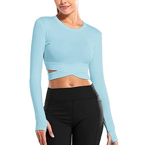 ORANDESIGNE Damen Yoga Crop Top Sportshirt Langarm Einfarbige Sexy Sport Kurz Oberteil Laufshirt Atmungsaktiv Leicht Schnell Trocknend Training Gym T-Shirt A Blau S von ORANDESIGNE