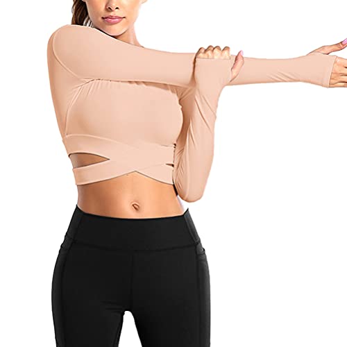 ORANDESIGNE Damen Yoga Crop Top Sportshirt Langarm Einfarbige Sexy Sport Kurz Oberteil Laufshirt Atmungsaktiv Leicht Schnell Trocknend Training Gym T-Shirt A Rosa M von ORANDESIGNE