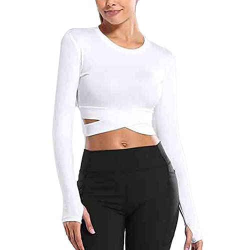 ORANDESIGNE Damen Yoga Crop Top Sportshirt Langarm Einfarbige Sexy Sport Kurz Oberteil Laufshirt Atmungsaktiv Leicht Schnell Trocknend Training Gym T-Shirt A Weiß XS von ORANDESIGNE