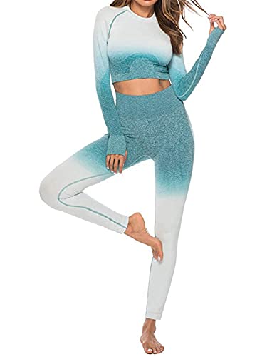 ORANDESIGNE Damen Yoga Trainingsanzüge Sport Shirt Langarm Trainingshose Set Yoga Hosen Leggings Tights Shape Stretch Sporthose für Workout Gym Joggen Trainings Fitness Laufen Hosen 02 Grün M von ORANDESIGNE