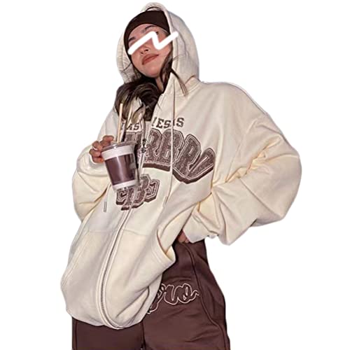 ORANDESIGNE Damen Zip Up Hoodies E-Girl Top Y2K Langarm Sweatshirt Harajuku Oversized Jacke Kapuzenpullover Hoodie Sweatshirt mit Kapuze Kapuzenjacke mit Reißverschluss B Aprikose XXL von ORANDESIGNE