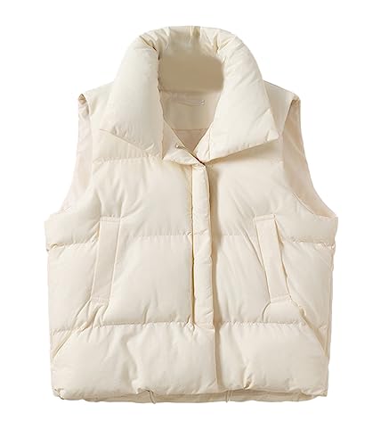 ORANDESIGNE Damen Zip Up Steppweste Kurz Stehkragen Weste Warm Crop Puffer Herbst Winter Weste mit Reißverschluss und Taschen Übergangsweste Leichte Daunenweste Kurz ohne Kapuze A Beige L von ORANDESIGNE