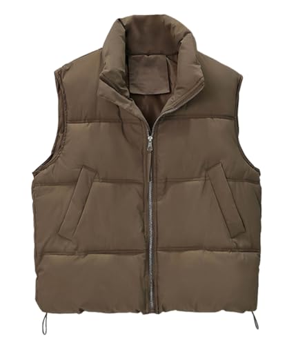 ORANDESIGNE Damen Zip Up Steppweste Kurz Stehkragen Weste Warm Crop Puffer Herbst Winter Weste mit Reißverschluss und Taschen Übergangsweste Leichte Daunenweste Kurz ohne Kapuze C Kaffee XL von ORANDESIGNE