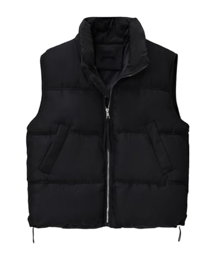 ORANDESIGNE Damen Zip Up Steppweste Kurz Stehkragen Weste Warm Crop Puffer Herbst Winter Weste mit Reißverschluss und Taschen Übergangsweste Leichte Daunenweste Kurz ohne Kapuze C Schwarz M von ORANDESIGNE