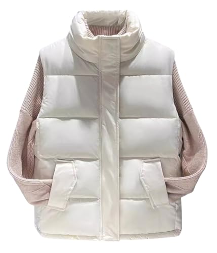 ORANDESIGNE Damen Zip Up Steppweste Kurz Stehkragen Weste Warm Crop Puffer Herbst Winter Weste mit Reißverschluss und Taschen Übergangsweste Leichte Daunenweste Kurz ohne Kapuze D Beige S von ORANDESIGNE