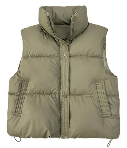 ORANDESIGNE Damen Zip Up Steppweste Kurz Stehkragen Weste Warm Crop Puffer Herbst Winter Weste mit Reißverschluss und Taschen Übergangsweste Leichte Daunenweste Kurz ohne Kapuze E Grün L von ORANDESIGNE