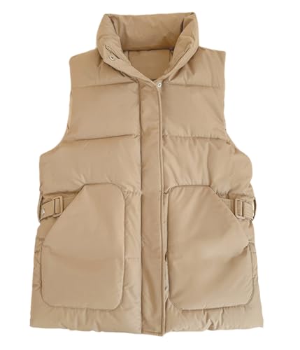ORANDESIGNE Damen Zip Up Steppweste Kurz Stehkragen Weste Warm Crop Puffer Herbst Winter Weste mit Reißverschluss und Taschen Übergangsweste Leichte Daunenweste Kurz ohne Kapuze F Khaki M von ORANDESIGNE
