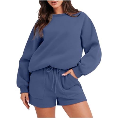 ORANDESIGNE Damen Zweiteiler Outfit Oversized Sweatshirts und Sporthose Kurz Sport Set Locker 2 Teilig Trainingsanzug Elegant Sportlich Hausanzug Loungewear Set A Himmelblau M von ORANDESIGNE