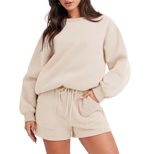 ORANDESIGNE Damen Zweiteiler Outfit Oversized Sweatshirts und Sporthose Kurz Sport Set Locker 2 Teilig Trainingsanzug Elegant Sportlich Hausanzug Loungewear Set A Khaki 3XL von ORANDESIGNE