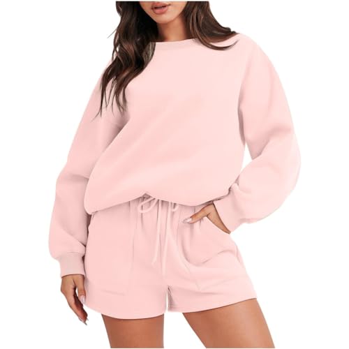 ORANDESIGNE Damen Zweiteiler Outfit Oversized Sweatshirts und Sporthose Kurz Sport Set Locker 2 Teilig Trainingsanzug Elegant Sportlich Hausanzug Loungewear Set A Rosa XS von ORANDESIGNE