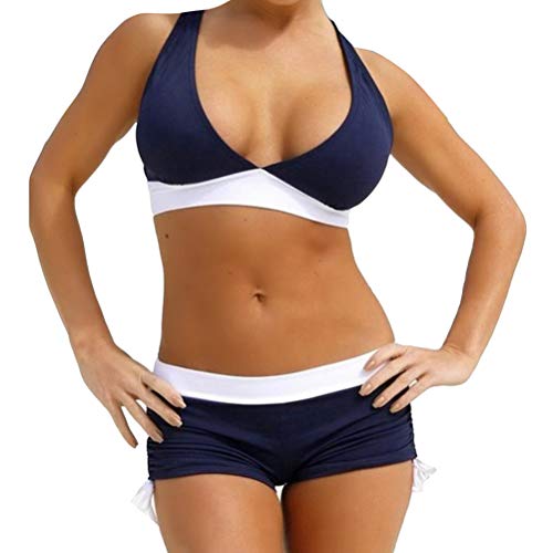 ORANDESIGNE Damen Zweiteilige Bikini Set Badeanzug Strandkleidung Neckholder Beachwear Hotpants Oberteil Bandeau Strandmode Sport Split Blumen Bikinihose A Navy 38 von ORANDESIGNE