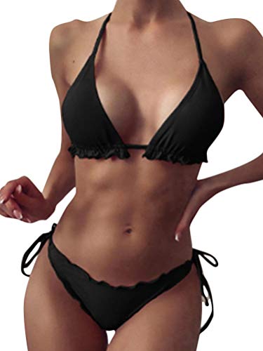 ORANDESIGNE Damen Zweiteiliger Bikini-Set Sexy Brazilian Thong Bekinis Triangel Badeanzug für Frauen A-Schwarz L von ORANDESIGNE