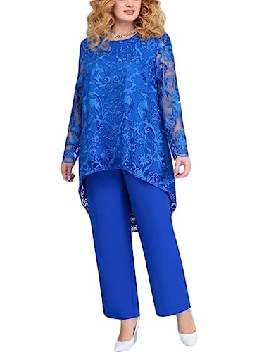 ORANDESIGNE Damen Zweiteiliges Sets Spitze Bestickter Chiffon Shirt und Hohe Taille Hose Abendanzug Cocktail Party Festlich Hosenanzug Festlich Hochzeit 2-Teiliges Set A Blau XL von ORANDESIGNE