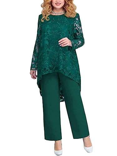 ORANDESIGNE Damen Zweiteiliges Sets Spitze Bestickter Chiffon Shirt und Hohe Taille Hose Abendanzug Cocktail Party Festlich Hosenanzug Festlich Hochzeit 2-Teiliges Set A Grün XXL von ORANDESIGNE