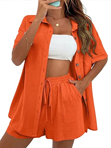 ORANDESIGNE Damen Zweiteiliges Short Set Loungewear Short Und Blusen Kurzarm Sommer Elegant Outfit 2 Teiler Kurz Hosenanzug Festlich Modern Freizeitanzug Stoff Hausanzug Hellorange S von ORANDESIGNE