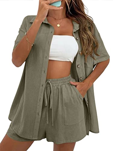 ORANDESIGNE Damen Zweiteiliges Short Set Loungewear Short Und Blusen Kurzarm Sommer Elegant Outfit 2 Teiler Kurz Hosenanzug Festlich Modern Freizeitanzug Stoff Hausanzug Military Green L von ORANDESIGNE