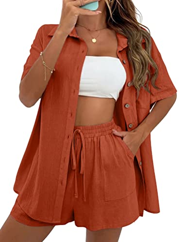 ORANDESIGNE Damen Zweiteiliges Short Set Loungewear Short Und Blusen Kurzarm Sommer Elegant Outfit 2 Teiler Kurz Hosenanzug Festlich Modern Freizeitanzug Stoff Hausanzug A Orange S von ORANDESIGNE