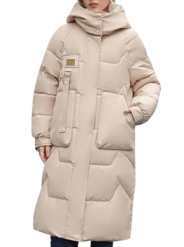 ORANDESIGNE Daunenjacke Lang Damen Wintermantel Warme Winter Elegant Daunenmantel Warm Steppmantel Puffer Parka Winterjacke Steppjacke mit hohem Kragen und Verstellbarer Kapuze A Beige S von ORANDESIGNE